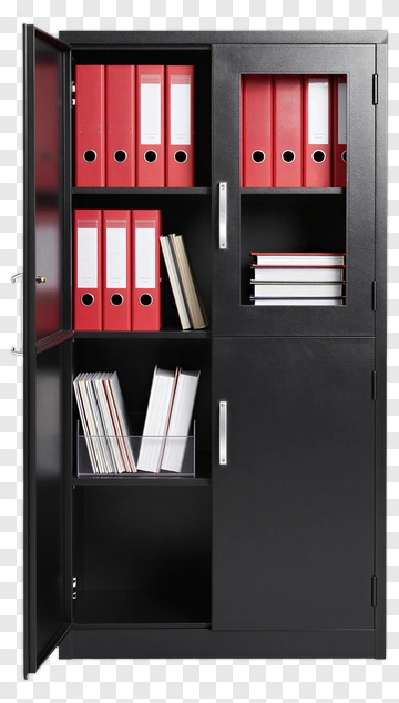 Black Office Cabinet With Red Binders PNG