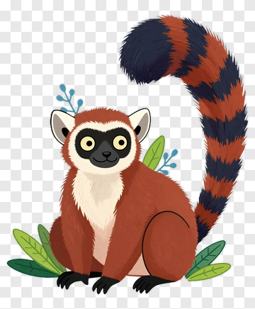 Cartoon Lemur Sitting Among Leaves PNG
