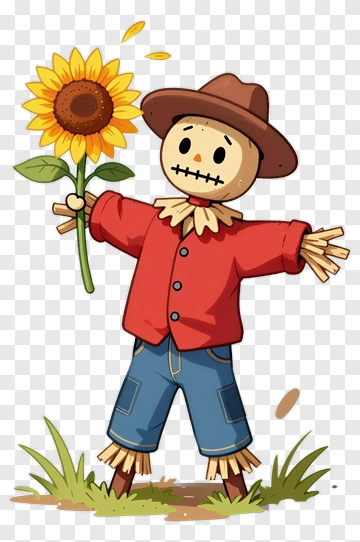 Cartoon Scarecrow Holding A Sunflower PNG