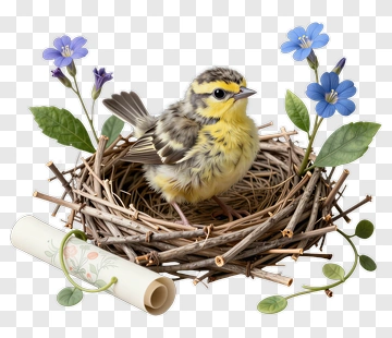 Charming Bird Sitting In A Nest With Flowers PNG