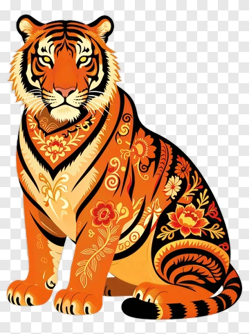 Colorful Tiger With Floral Patterns PNG