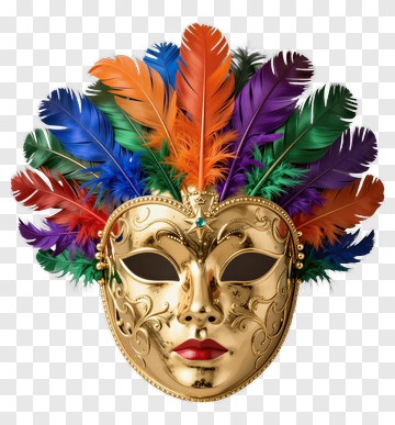 Gold Carnival Mask With Colorful Feathers PNG