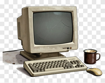 Vintage Computer With Keyboard And Coffee Mug PNG