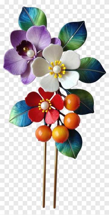 Colorful Floral Hairpin With Orchids And Berries PNG