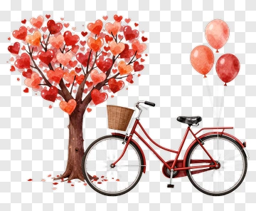 Colorful Heart Tree With Bicycle And Balloons PNG