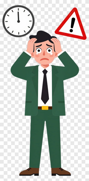 Stressed Businessman With Alarm Clock And Warning Sign PNG