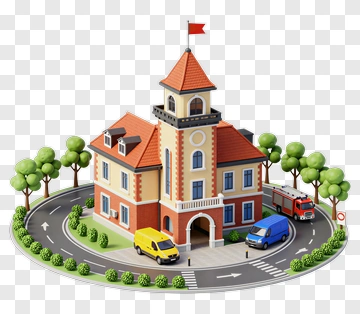 3D Town Hall With Vehicles And Trees PNG