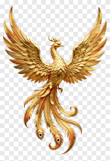 Golden Phoenix With Elaborate Feathers PNG