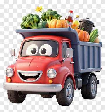 Cartoon Truck Loaded With Vegetables And Groceries PNG