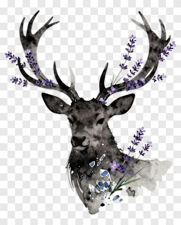 Watercolor Deer Head With Lavender Flowers PNG