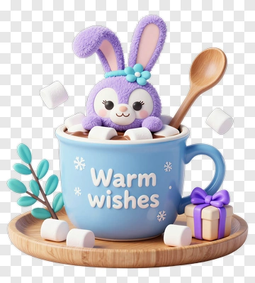 Cute Bunny In A Warm Wishes Mug With Marshmallows PNG