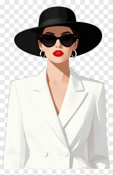 Stylish Woman In White Suit And Black Hat PNG