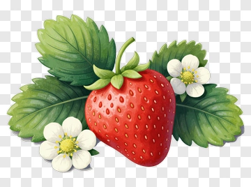 Strawberry With Green Leaves And White Flowers PNG