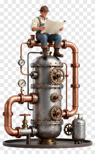 Steampunk Engineer Sitting On A Boiler Reading A Newspaper PNG
