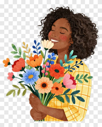 Happy Woman Holding A Colorful Flower Bouquet PNG
