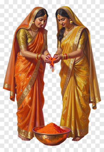 Women In Traditional Sarees Sharing Colored Powder PNG