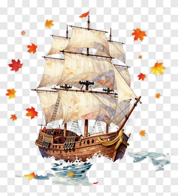 Sailing Ship With Autumn Leaves PNG