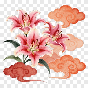 Pink Lily Flowers With Decorative Clouds PNG