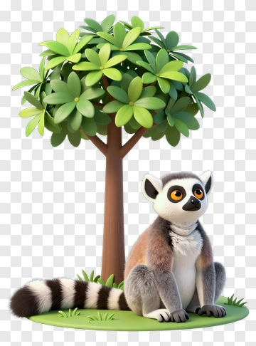 3D Lemur Sitting Beside A Tree PNG