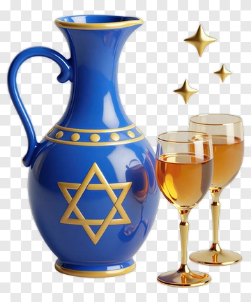 Blue Pitcher With Star Of David And Wine Glasses PNG