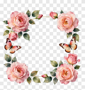 Floral Frame With Pink Roses And Butterflies PNG