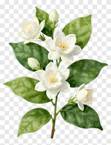 Jasmine Flower Branch With Leaves PNG