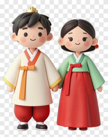 Cartoon Couple In Traditional Korean Hanbok PNG