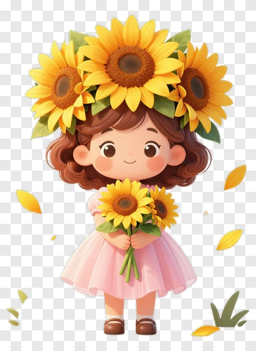 Cartoon Girl Holding Sunflowers PNG