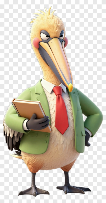 Cartoon Pelican Wearing A Suit Holding A Notebook PNG