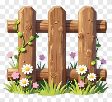 Wooden Fence With Flowers And Grass PNG
