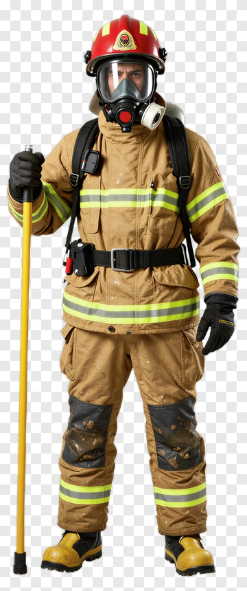 Firefighter In Protective Gear Holding A Fire Axe PNG
