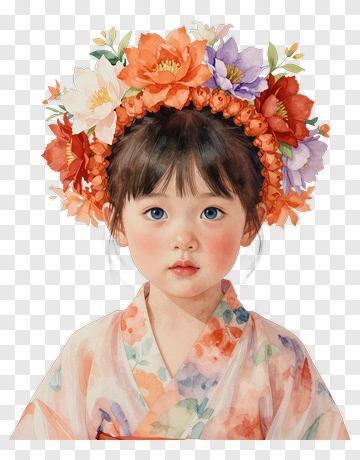 Girl Wearing Floral Crown In Kimono PNG