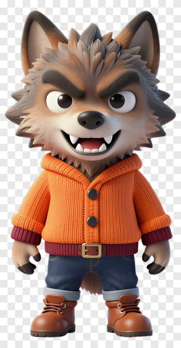 3D Cartoon Wolf Character In Orange Sweater PNG