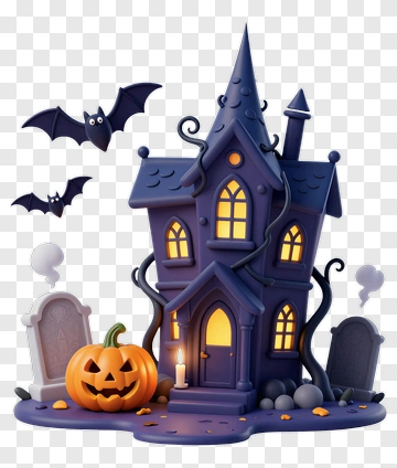 Halloween Haunted House With Pumpkin And Bats PNG