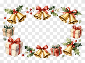 Christmas Bells And Gift Boxes With Holly Frame PNG