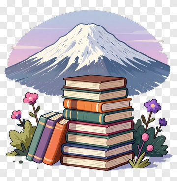 Colorful Book Stack In Front Of A Mountain PNG
