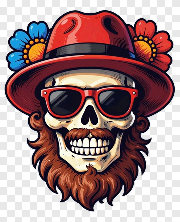 Cartoon Skull Wearing A Red Hat With Flowers PNG
