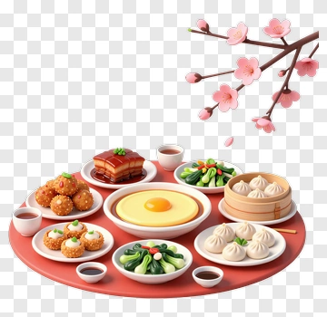 Colorful Chinese Cuisine Platter With Cherry Blossom PNG