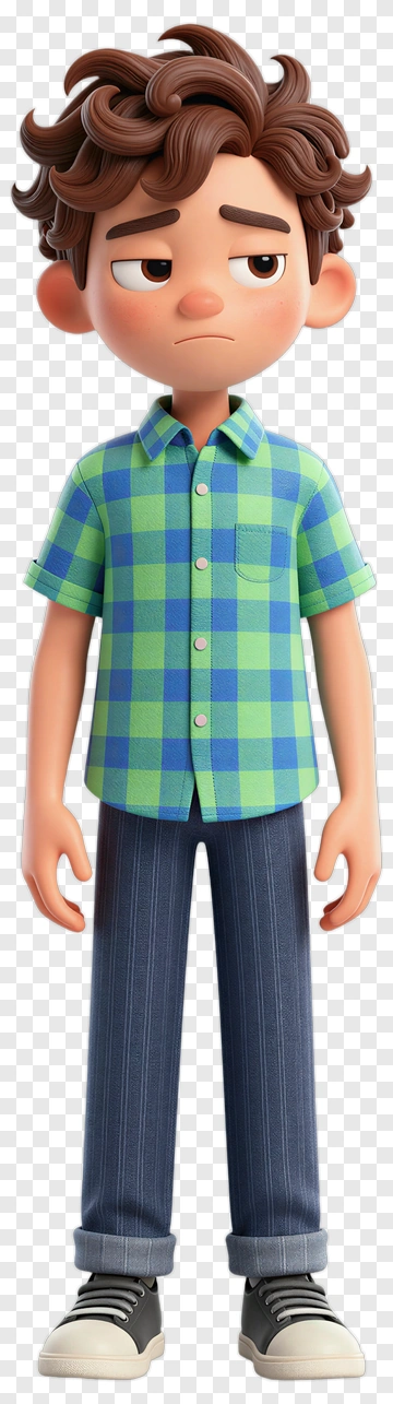 Cartoon Boy In Green And Blue Checkered Shirt PNG