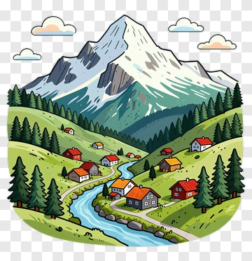 Mountain Landscape With River And Houses PNG