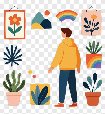 Person Walking Among Colorful Plant Illustrations PNG