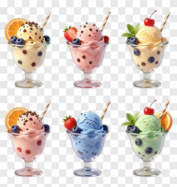 Colorful Ice Cream Sundaes In Glass Cups PNG