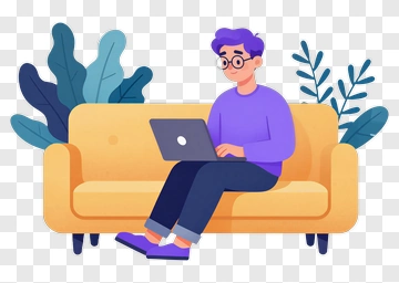 Cartoon Man Working On A Laptop While Sitting On A Couch PNG