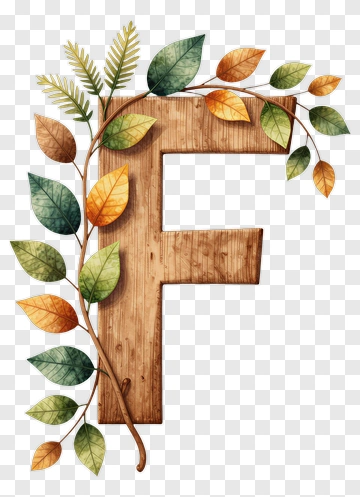 Wooden Letter F Surrounded By Colorful Leaves PNG