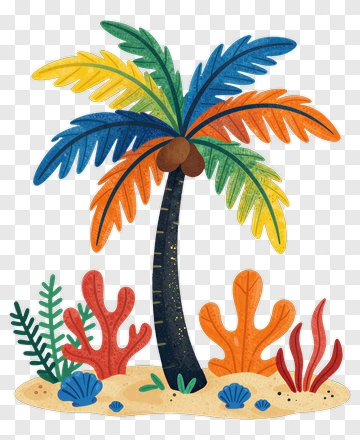 Colorful Palm Tree With Coral And Shells PNG