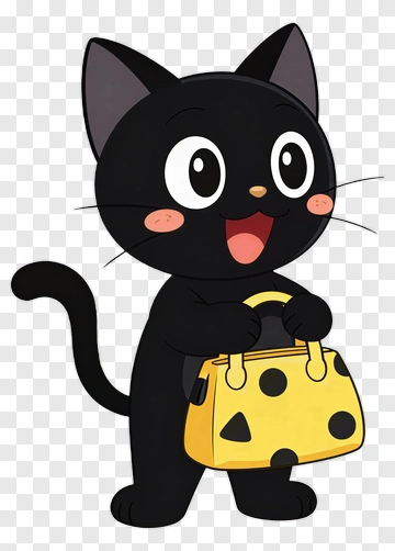 Cartoon Black Cat Holding A Yellow Bag PNG