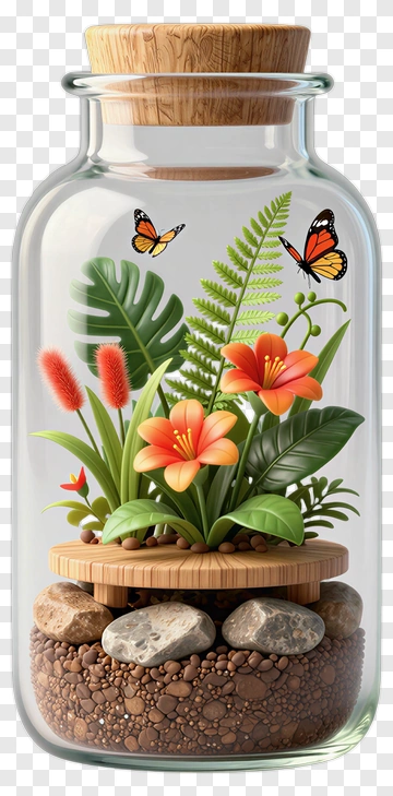 Terrarium With Tropical Plants And Butterflies PNG