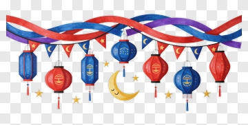 Colorful Lanterns And Moon Decoration PNG