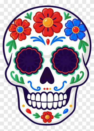 Colorful Sugar Skull With Floral Decorations PNG