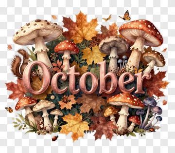 October Text With Autumn Leaves And Mushrooms PNG